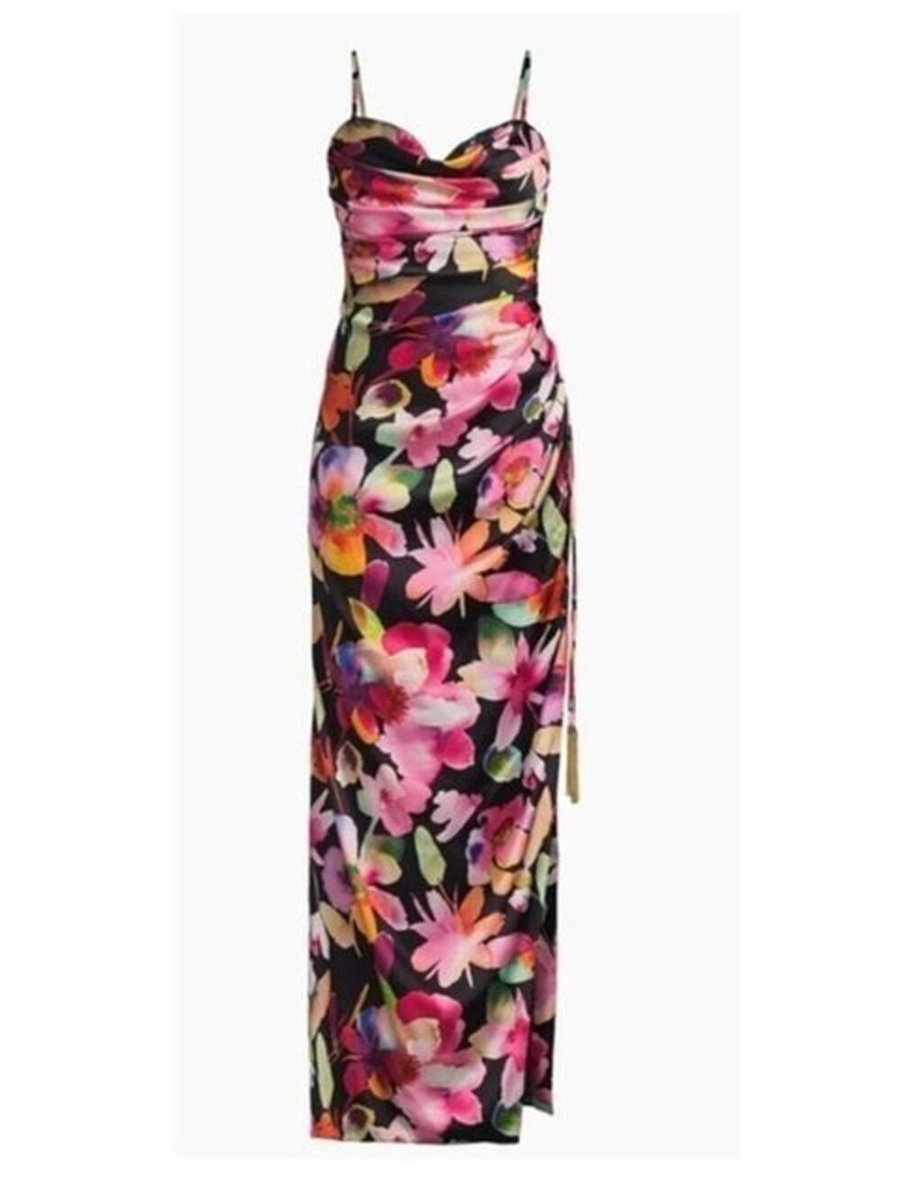 Liv Foster Floral Ruched Sateen Column Gown Sz 4 Black Multi